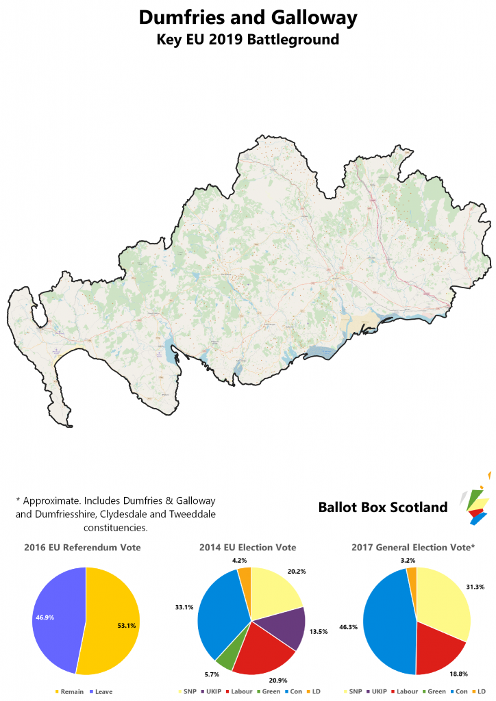 Dumfries and Galloway; EU Ref: Remain 53.1%, Leave 46.9%; EU 2014: Con 33.1%, Lab 20.9%, SNP 20.2%, UKIP 13.5%, Grn 5.7%, LD 4.2%; UK 2017: Con 46.3%, SNP 31.3%, Lab 18.8%, LD 3.2%